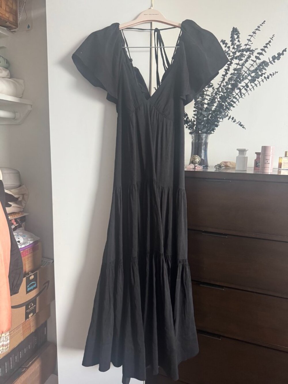 La Ligne Black Linen Puff-Sleeve Maxi Dress